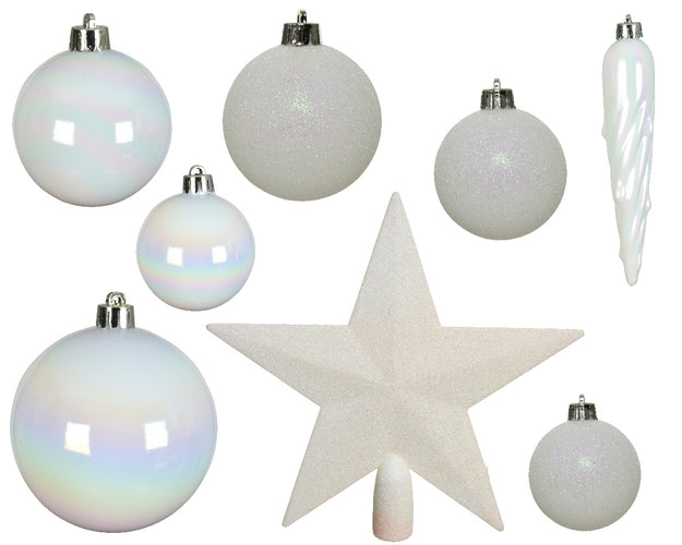 Pack of 33 White Iris Shatterproof Baubles With Christmas Tree Topper