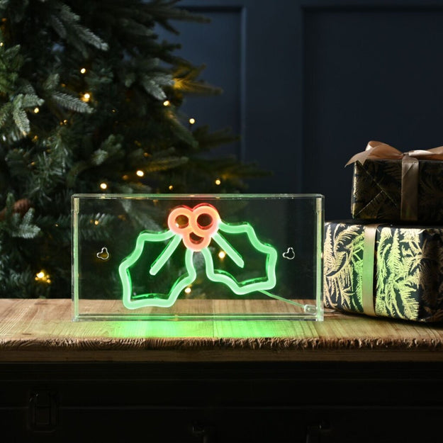 30cm Neon Christmas Holly Silhouette Display