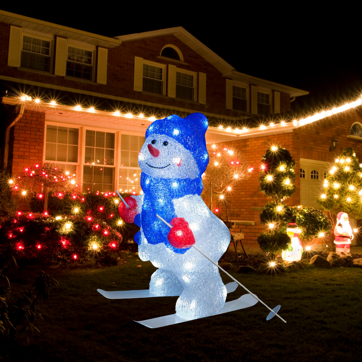 Large Acrylic Skiing Snowman With 48 Ice White LEDs