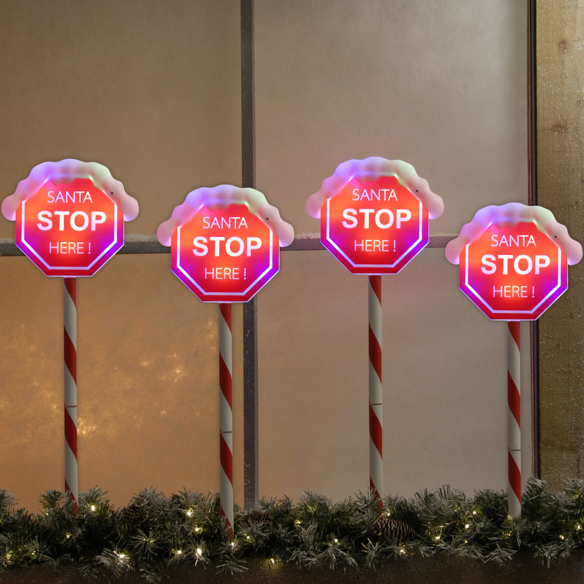 Set of 4 58cm Santa Stop Here Stake Path Finder Lights