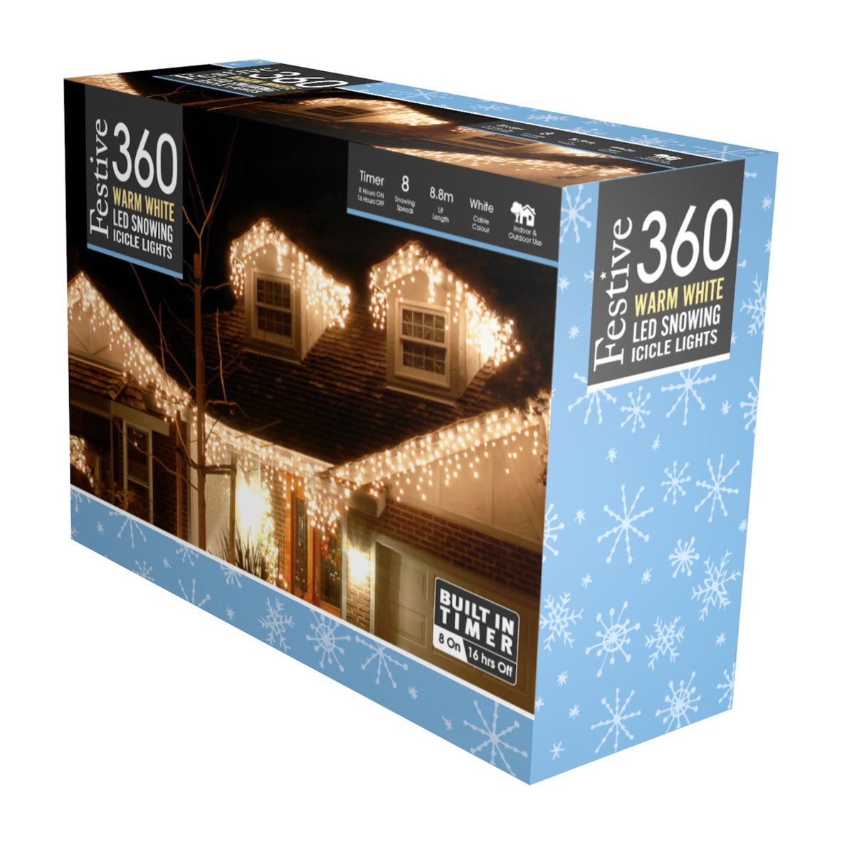 360 Warm White Snowing Icicle Timer Lights