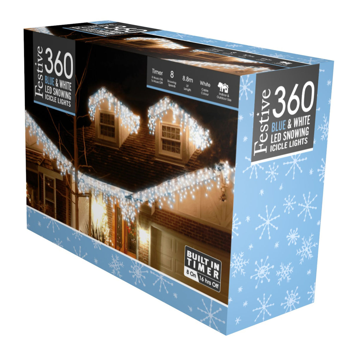 360 Blue and White Snowing Icicle Timer Lights