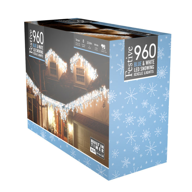 960 Blue and White Snowing Icicle Timer Lights