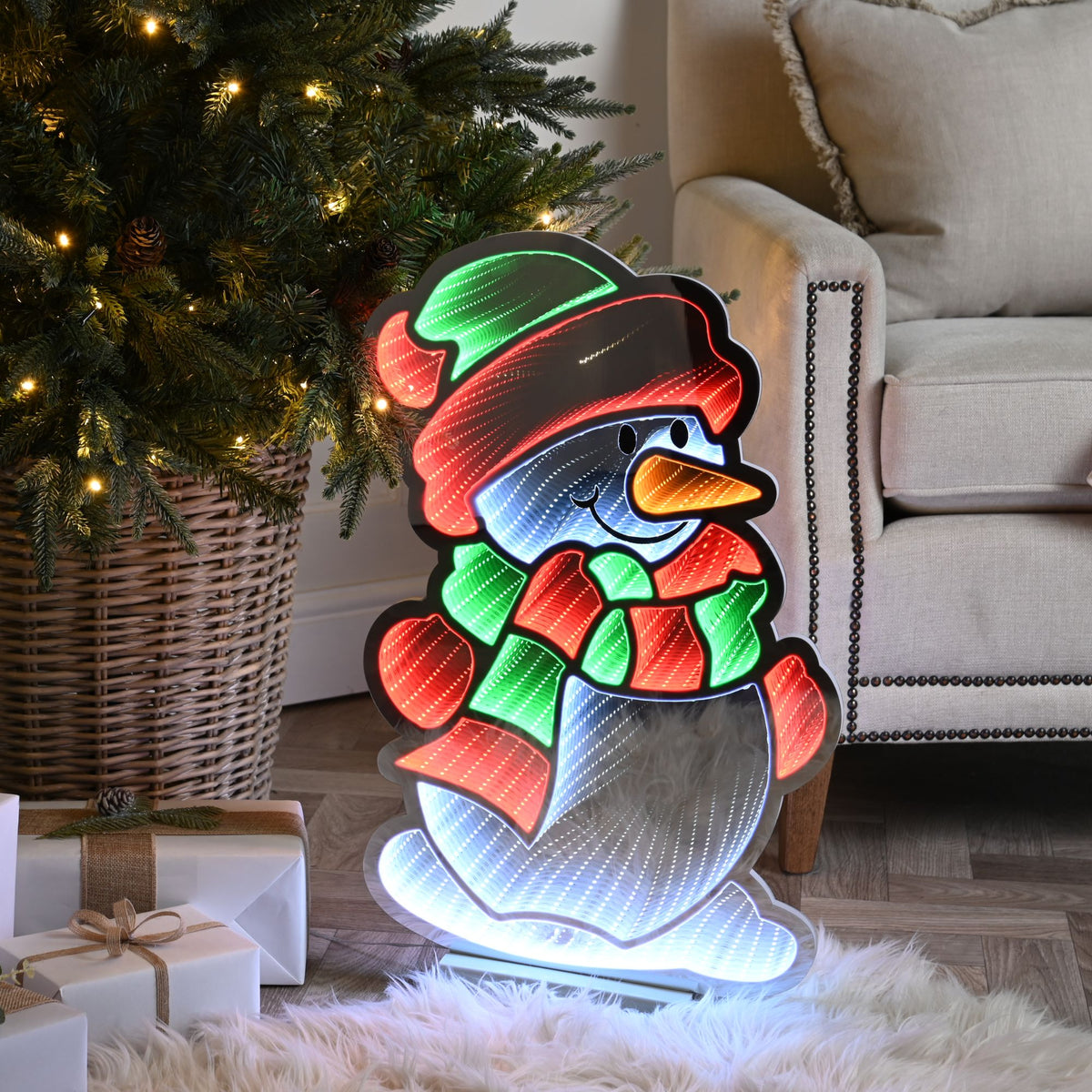 60cm Snowman in Green and Red Striped Scarf Christmas Infinity Light