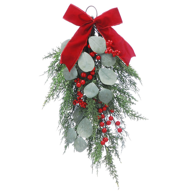 50cm Red Berries and Sage Hanging Garland with Ribbon