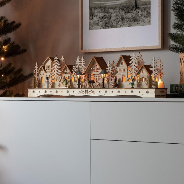 LED Lit Wooden Village Christmas Street Scene Dual Power