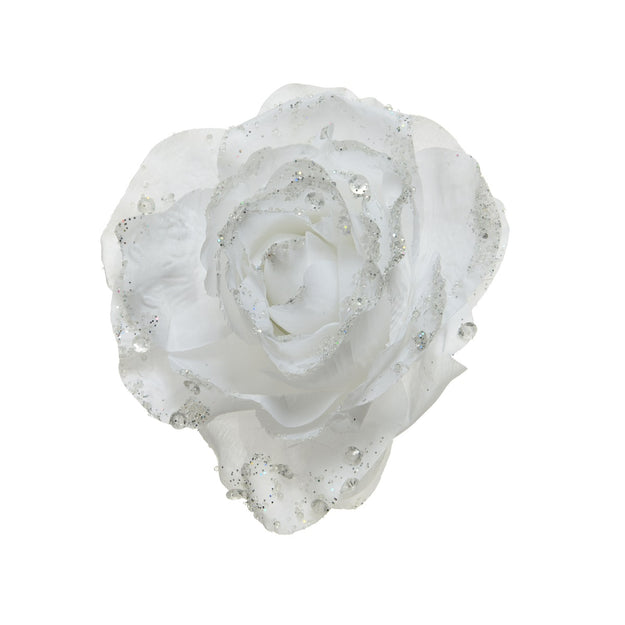 White Rose with Glitter Clip Dec 14cm