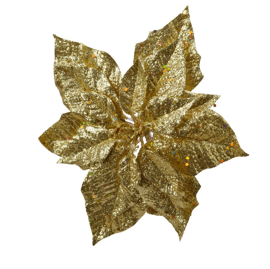 Gold Poinsettia Flower Clip On Tree Decoration with Glitter Detail