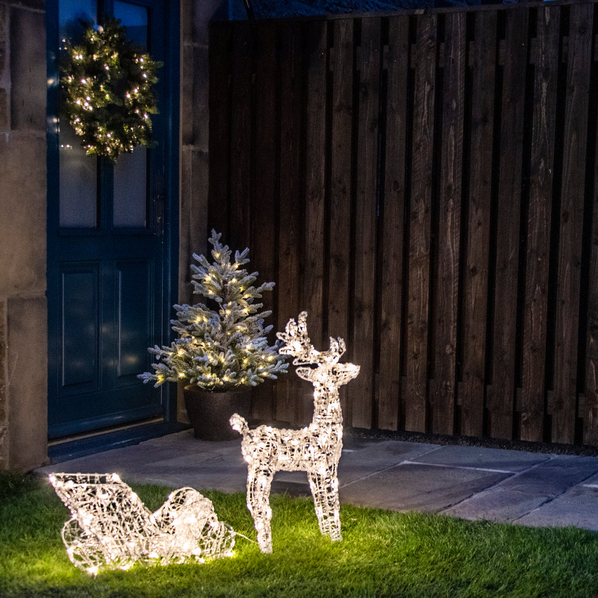 Acrylic Christmas Reindeer and Sleigh with Warm White LEDs