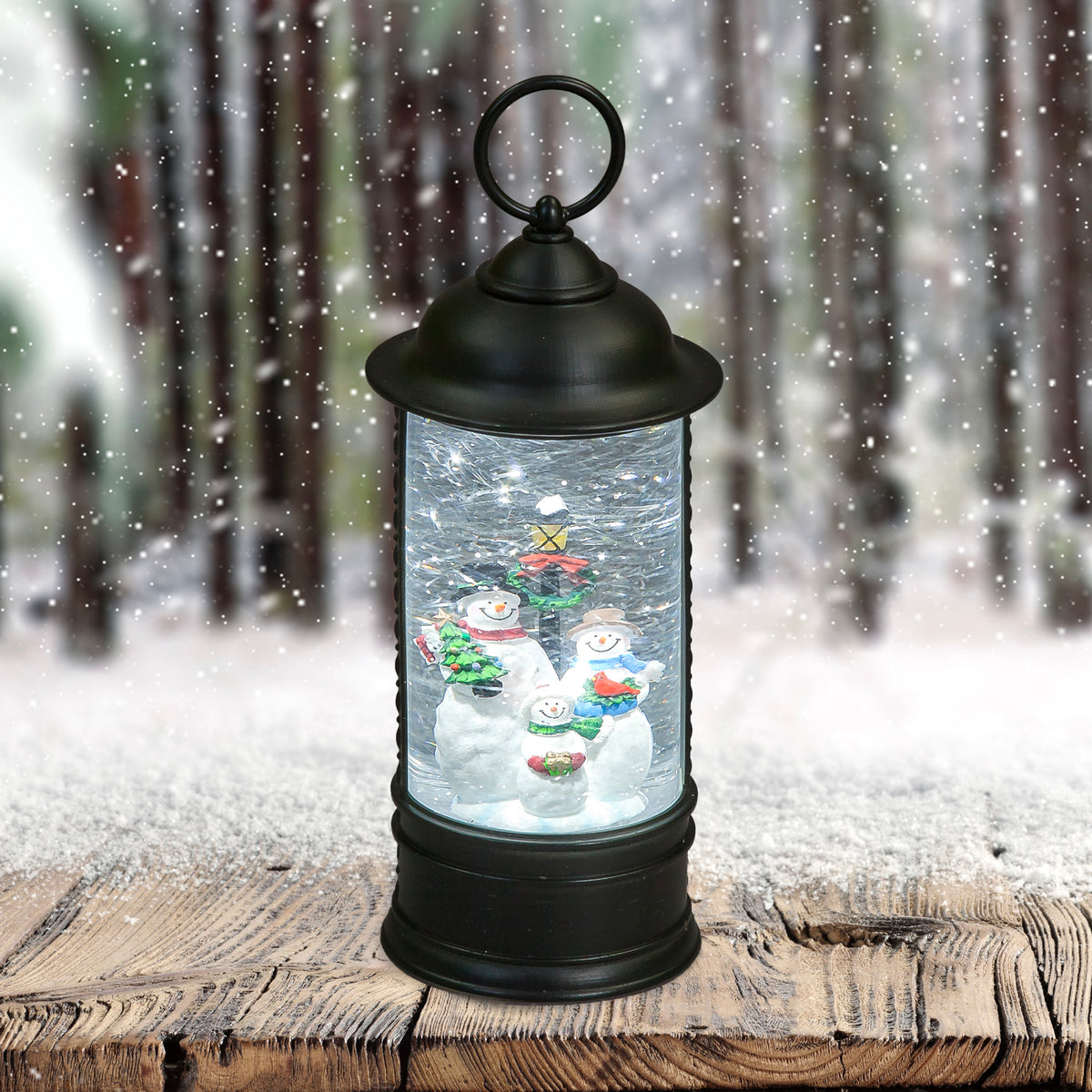 Water Lantern with Snowmen Christmas Family Scene