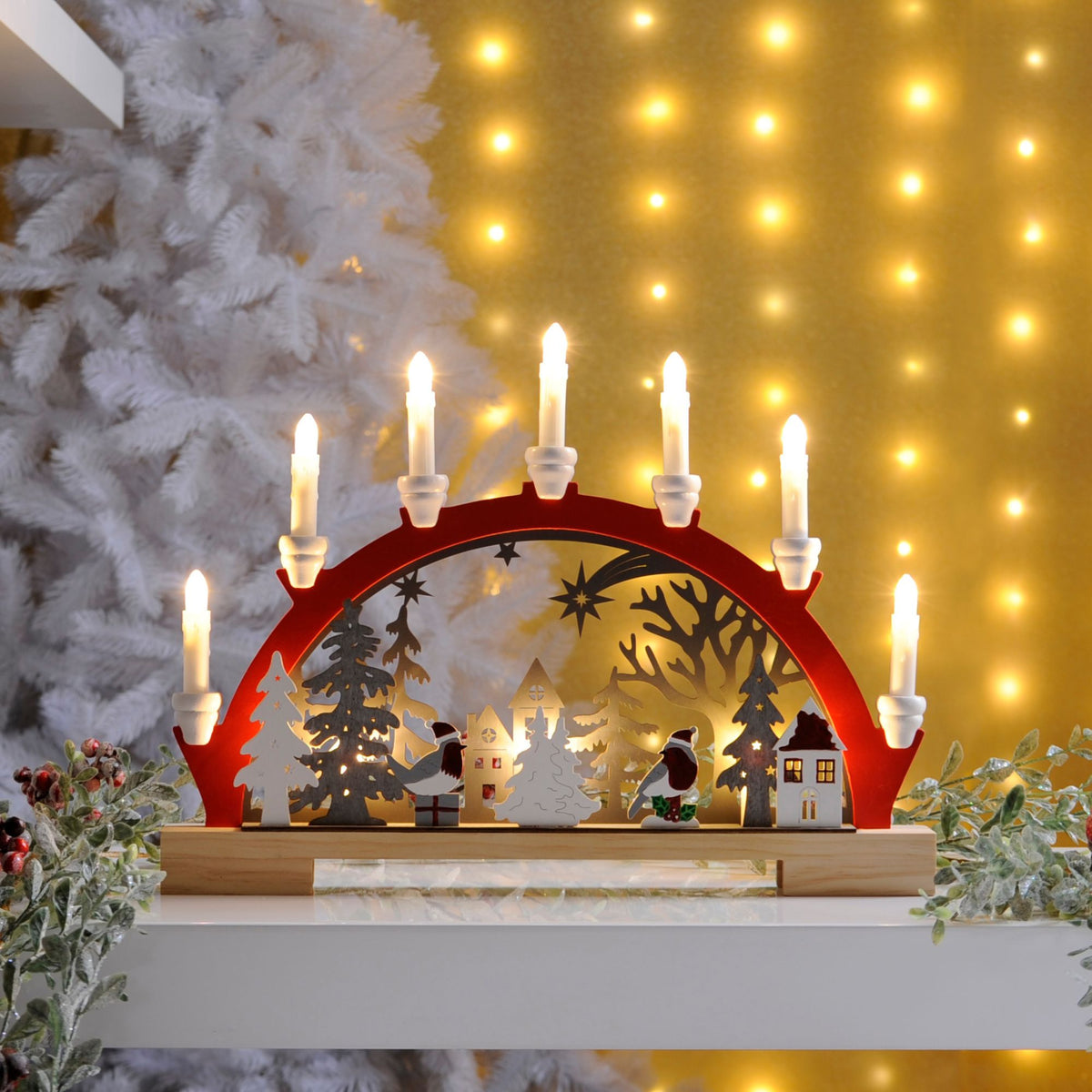 Christmas Robin Scene Lit Red Candle Bridge